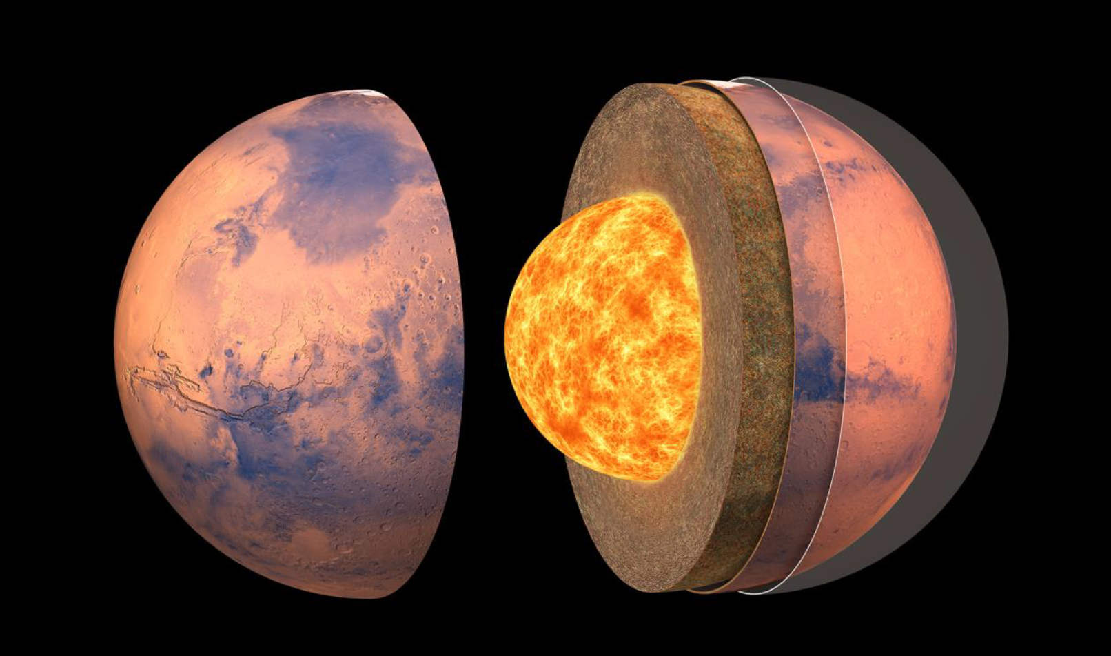 Vue d’artiste de la structure interne de Mars. Le noyau pourrait être entièrement liquide. © IPGP, David Ducros